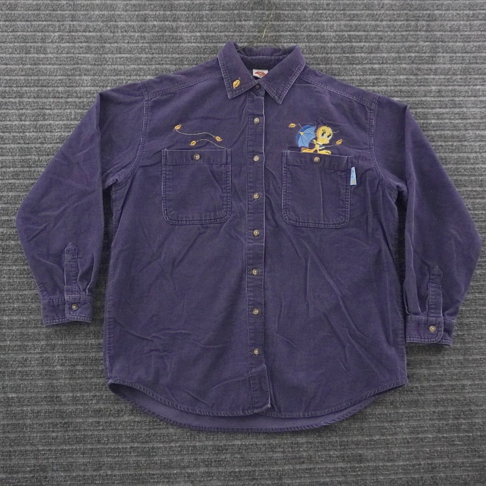 Vintage Looney Tunes Button Down Shirt Womens M Purple Tweety Bird Corduroy